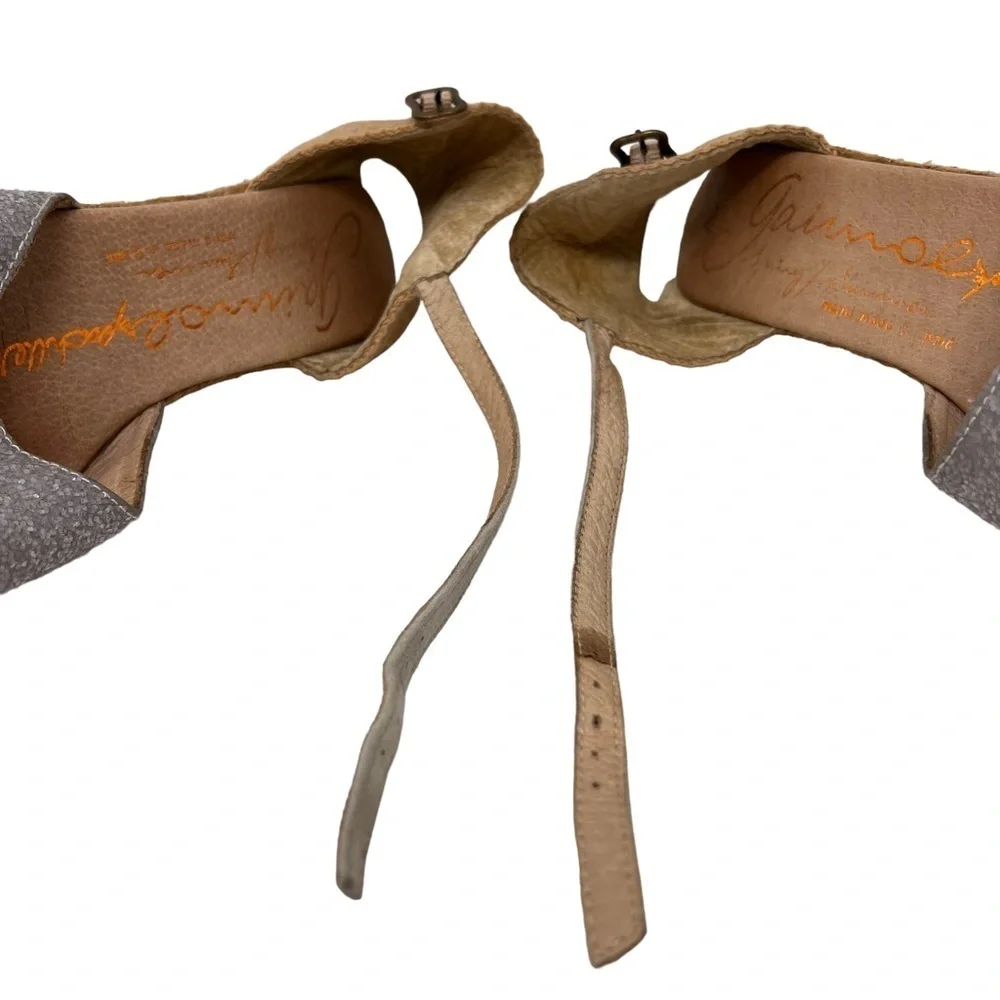 GAIMO Rope Wedge Espadrilles Silver Glitter Leather Ankle Strap Size 6.5 Spain